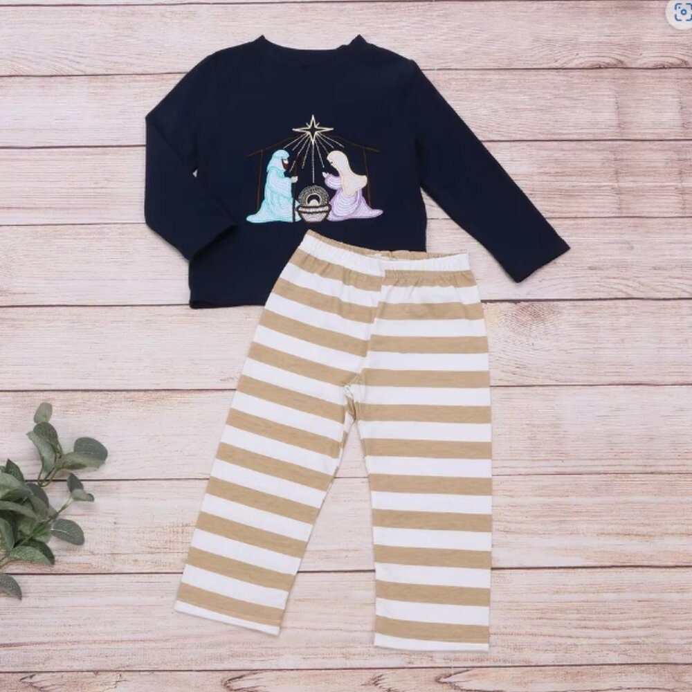 Boutique Christmas Nativity Shirt & Plaid Pants Girls Boys Outfit Set